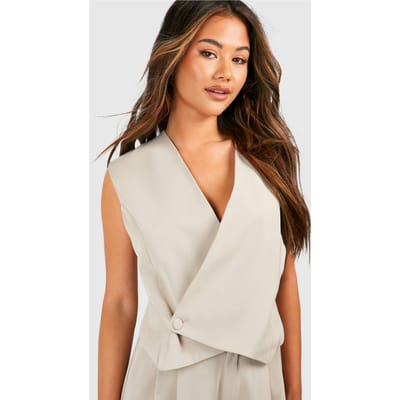 boohoo Dames Asymmetrische Vest met knopen aan de voorkant | Taupe | Maat: 8