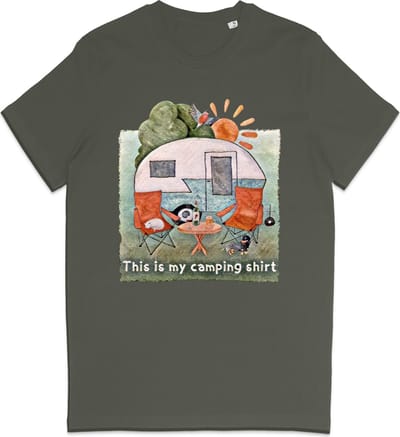 Heren en Dames T Shirt - Camping Kampeer Tafereel - Khaki Groen XS