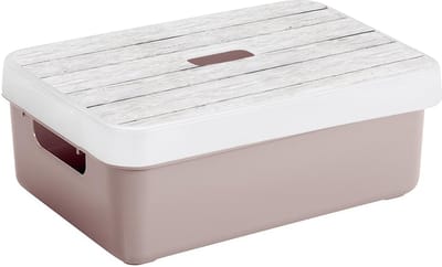Sunware opslagbox - 9 liter - roze - kunststof - 35 x 25 x 12 cm - met afsluitbare deksel in houtnerf print