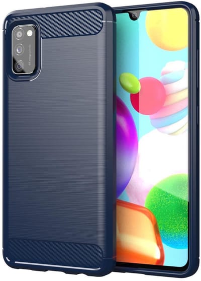 Cadorabo Hoesje geschikt voor Samsung Galaxy A41 in BRUSHED BLAUW - Beschermhoes van flexibel TPU siliconen in roestvrij staal-carbonvezel look Case Cover