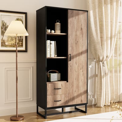 OKWISH Highboardkast – Moderne Houtlook Met Zwart Frame – 80×40×180 Cm – 1 Deur 2 Lades 3 Open Vakken – Voor Woonkamer Kantoor Hal