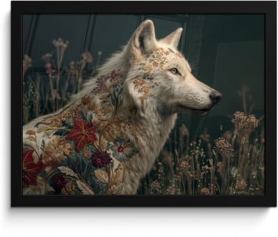 Poster in lijst - Fotolijst 40x30 cm - Posters - Wolf - Bloemen - Natuur - Posterlijst zwart - Decoratie - Wanddecoratie woonkamer - Muurdecoratie slaapkamer