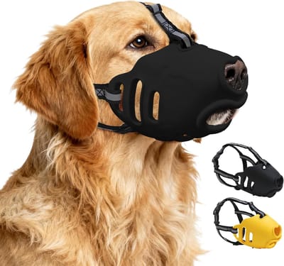 Muilkorf voor Honden – Zachte Siliconen Muilkorf tegen Bijten – Verstelbaar – Maakt Drinken Mogelijk – Geschikt voor Kleine, Middelgrote en Grote Honden – (Zwart) (L)