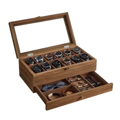 Stervia Horlogedoos - Horloge Box - Sieradendoos - Glazen Deksel - Massief Hout - Voor 12 Horloges En Andere Sieraden - 19 x 34 x 12.5 cm