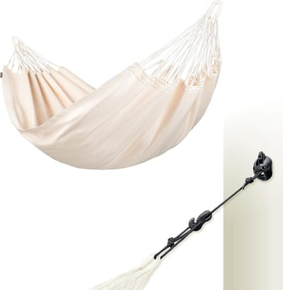 Hangmat met standaard - Staande hangmat - Buiten ontspannen - Biologisch katoen - 2L x 155B meter - Melk