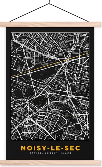 Posterhanger incl. Poster 40x60 cm - Schoolplaat - Noisy-le-Sec - Kaart - Stadskaart - Frankrijk - Plattegrond - Textielposter - Blanke latten - Stadskaart
