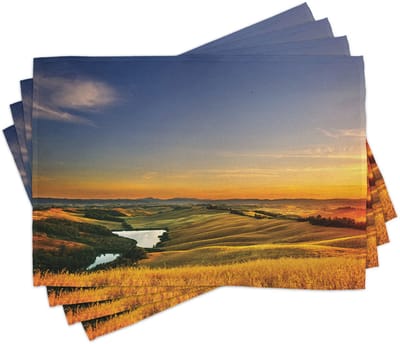 ABAKUHAUS Italiaanse placemats, Magische foto van de Middellandse Zee, landelijk in een dal met een klein zeelandschap, tafeldecoratie van kleurvaste stof voor eetkamer en keuken, Geel, Groen, Blauw