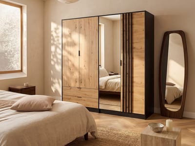 Vente-unique Kast met 4 deuren en 2 lades - Met spiegel - L220 cm - Kleur: zwart en naturel - TUNALO