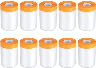 10 rollen afdekfolie en plakband - transparant - UV-bestendig - 55 cm x 20 m - zelfklevende schilderfolie met goudkleurige band - maskertape voor stofbescherming.