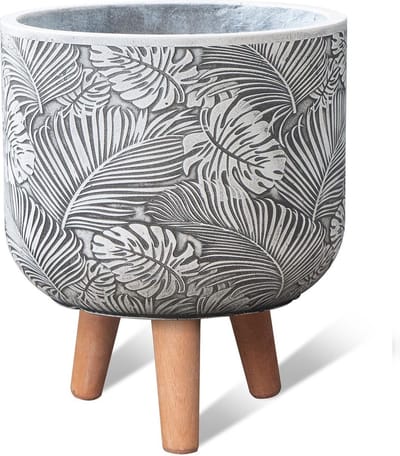 MA'AM Pottery Quinn bloempot op voet/poten/standaard - wit - exotisch bloem design - houten pootjes - trendy plantenpotten - diameter 24cm - binnen/buiten