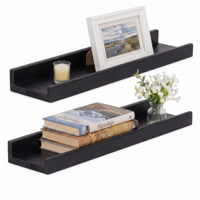 Springos Wandplank - Boekenplank - Ophangbaar - Kruidenplank- Zwart - Grenenhout - 10 Kg - 50 cm - 2 Stuks