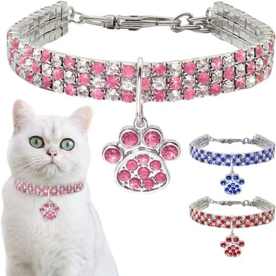 Huisdierhalsband met diamanten, verstelbare kristallen diamant, elastische hartvormige klauw hanger, bruiloft kat en hond, kleine huisdier ketting sieraden（roze, S）