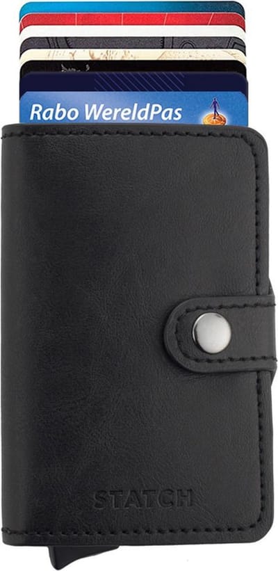 Statch Portemonnee Luxe Uitschuifbare Pasjeshouder van Aluminium & Leer - Creditcardhouder / Kaarthouder voor mannen en vrouwen - Anti-Skim / RFID Card Protector tot 13 Pasjes - Zwart