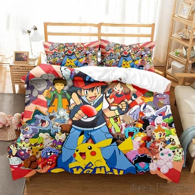 Anime Pokemon Pikachu Beddengoed Set Dekbed Dekbedovertrek Dekbed Beddengoed Twin Enkel King Kinderen Volwassenen Cadeau AU Single(140*210cm)3pcs