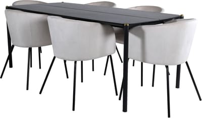 Pelle eethoek eetkamertafel zwart en 6 Berit eetkamerstal velours beige.