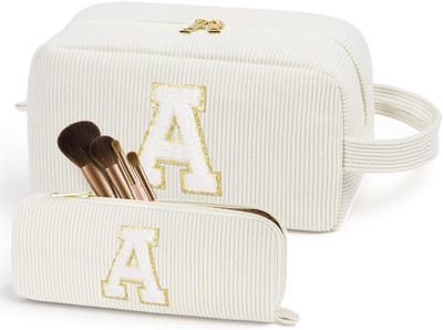 Draagbare make-uptas van corduroy met 3D-letter, grote organisatorkoffer en borstelzakje voor vrouwen, ideale cosmetica-organizer voor reizen en dagelijks gebruik