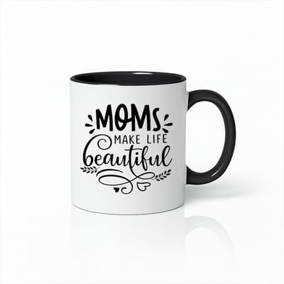 Moms Make Life Beautiful Mok - Wit Keramiek met Stijlvol Zwart Oor en Binnenkant - Cadeau voor Haar