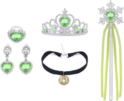 Set van 5 Anna Kostuumaccessoires met Kroon, Toverstok, Ketting, Groene Oorbellen en Ring voor Feestdagen, Verjaardagen en Cosplay Evenementen