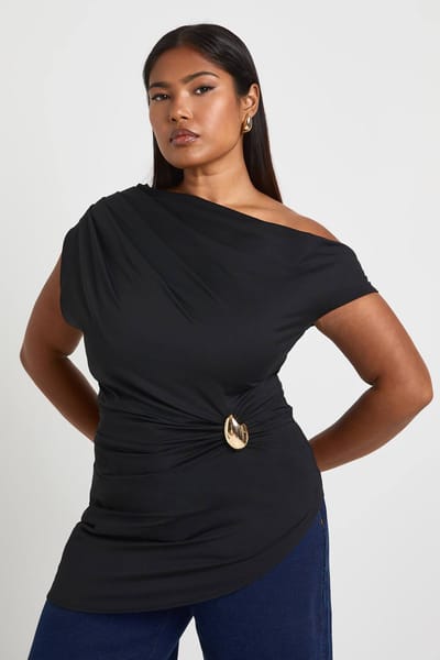 boohoo Dames Plus Gouden Afwerking Schouderloze Top | Zwart | Maat: 56
