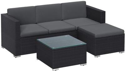 Turold Tuinset - Loungeset - Tuinmebeulen - Loungestoel - Garden Loungeset 3-zits Bank, Kruk en Salontafel, Handgevlochten Rotan, Zwart