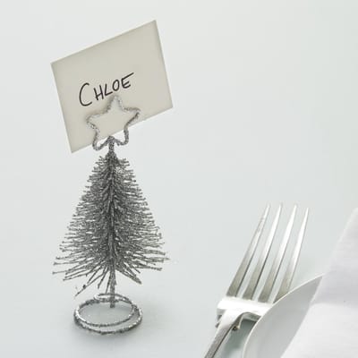 Plaatskaart kerstbomen zilver 4 stuks