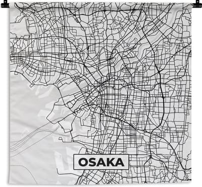 Wandkleed - Wanddoek - Osaka - Stadskaart - Plattegrond - Zwart Wit - Kaart - 180x180 cm - Wandtapijt