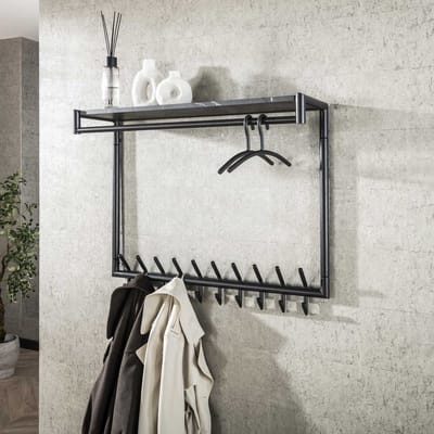 PS-Collection Roede 20 Haaks Kapstok - 100x27x80cm - Zwart/Bruin - Metaal/Melamine - wandkapstok, kapstok staand, kapstok wandkapstok, kapstokken, kapstok hangend, kapstok zwart