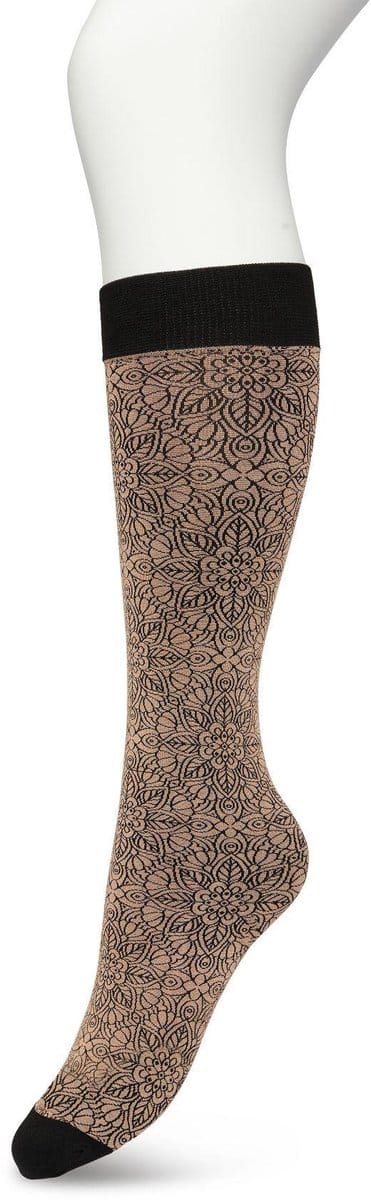 Bonnie Doon Dames Bloemen Panty Kniekousen Licht Bruin maat 36/42 - Knie Kousen 100 denier - Gebloemd - Bloemen Print - Uitstekend draagcomfort - Mandala Flower Knee High - Kniesokken - Zakt niet af - OEKO-TEX - Macaroon - BP221805.275