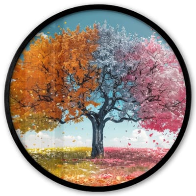 Poster in lijst Rond - Fotolijst 40x40 cm - Posters - Boom - Kleurrijk - Natuur - Levensboom - Ronde posterlijst zwart - Decoratie - Wanddecoratie woonkamer - Muurdecoratie slaapkamer