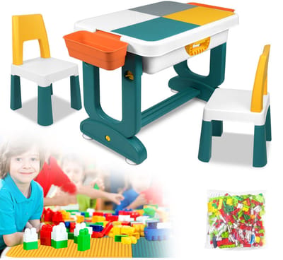 Froadp 6-in-1 kindertafel Activiteitentafel Kinderbureau Speeltafel Kinderzitgroep Bouwstenentafel Watertafel voor kinderen vanaf 3 jaar met opbergruimte Tafelblad 2 stoelen, 1 set bouwstenen