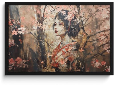 Poster in lijst - Fotolijst 60x40 cm - Posters - Kimono - Vrouw - kersenbomen - Posterlijst zwart - Decoratie - Wanddecoratie woonkamer - Muurdecoratie slaapkamer