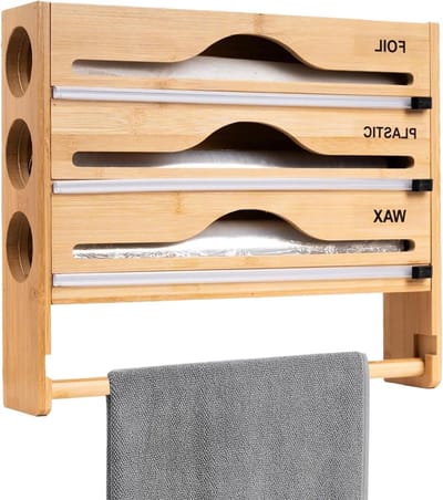 Vershoudfolie Organizer - Foliesnijder Houder - Keuken Opbergen - Met Geïntegreerde Cutter - 385 x 342 cm - Houtkleur