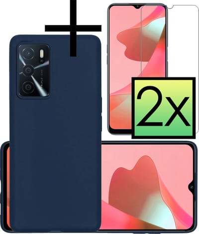 Hoesje - Met 2x Screenprotector - Geschikt voor OPPO A16 - Sterk & Shockproof - Back Cover - Siliconen Case - Telefoon Hoes - Donkerblauw