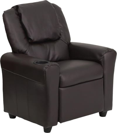 Comfortabele Kinderfauteuil met Bekerhouder en Verstelbare Poef - Bruin Leer