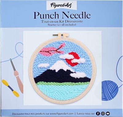 Figured'Art Punch Needle Kit voor Volwassenen en Kinderen - De Fuji Berg - Perfect voor Beginners. Compleet klaar-om-te-borduren set, maat 20x20 cm met ronde frame