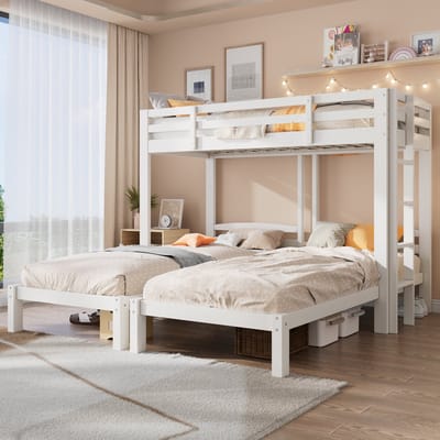 Driepersoons Stapelbed - 90x200 - Met Zijladder - Voor Kinderen En Jongeren - Hout - Wit