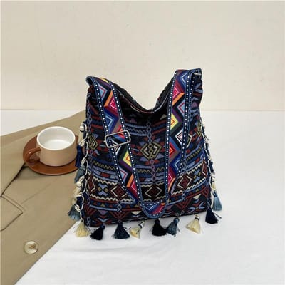 Sac à pompon bohème de grande capacité, nouveau sac fourre-tout de style ethnique, sac à bandoulière à une épaule black