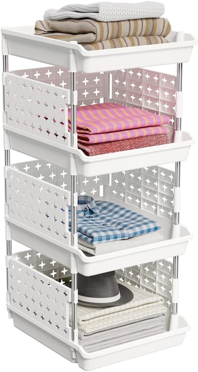Stapelbare Opbergdozen, 4 Niveaus Plastic Opbergrek voor Garderobe, Keuken Groente, Kast Opbergmeubel, Wit, 35 x 30 x 72 cm