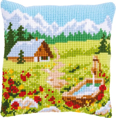 Vervaco - Kruissteekkussen kit - Bergweide met bloemen&huisje - PN-0147535 - Borduren - Borduurpakket - Borduurpakket volwassenen - Borduurpakket kind