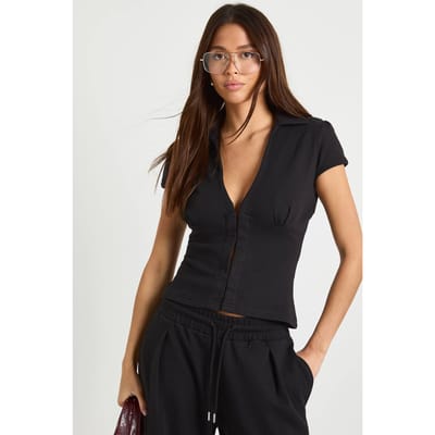 boohoo Dames Interlock Top met haak-en-oog sluiting, sweetheart hals en capmouwen | Zwart | Maat: 38