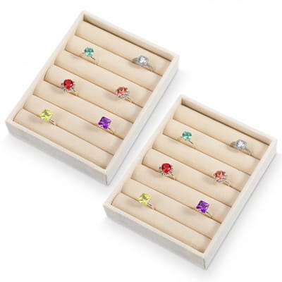 2 STKS Fluwelen Stapelbare Ring Organizer Lade Beige Mini Oorbel Display Trays Case, Kleine Sieraden Opslag Lade Insert Houder voor Ringen, Oorbellen Sieraden (6 Slots)