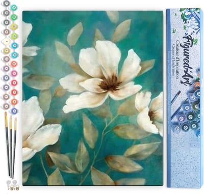 Figured'Art Schilderen op Nummer Volwassenen canvas Witte Bloem 1 - Handwerk acrylverf Kit DIY Compleet - 40x50cm zonder frame