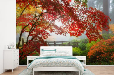 Behang - Fotobehang Japanse esdoorn - Bomen - Brug - Natuur - Japans - Breedte 330 cm x hoogte 220 cm