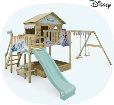 Wickey Disney's Frozen Quest Speeltoestel - Dubbele schommel met Glijbaan en Speelhuis - Picknicktafel & Zandbak - 486x465x307 cm - Pastelblauw
