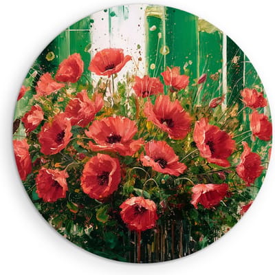 Saammp Muurcirkel Hout - Rode bloemen - Abstract - Landschap - Natuur - Ø 90 - Wandcirkel - Wanddecoratie Cirkel - Muurdecoratie Woonkamer - Slaapkamer decoratie - Rond Schilderij
