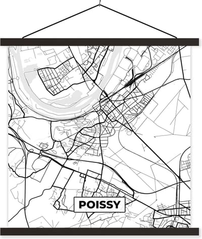 Posterhanger incl. Poster 60x60 cm - Schoolplaat - Kaart - Stadskaart - Frankrijk - Poissy - Plattegrond - Zwart wit - Textielposter - Zwarte latten - Stadskaart