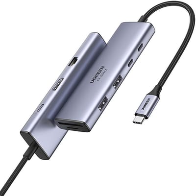 USB-C Hub UGREEN CM498 (15375), 2 x USB-A - 3 x USB-C - 1 x HDMI - 1 x RJ45 - 1 x SD - 1 x microSD, Grijs