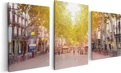 Artaza Canvas Schilderij Drieluik De Ramblas Straat in Barcelona - 120x60 - Foto Op Canvas - Canvas Print