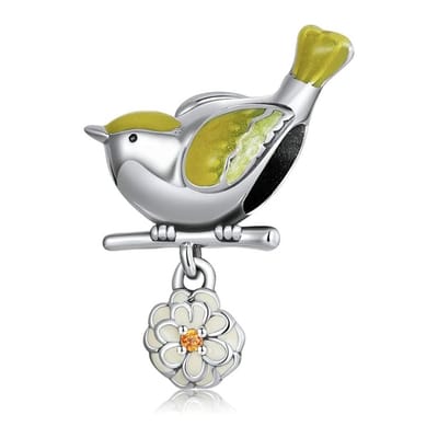 Fler® | Bedel | Past op populaire bedelarmbanden (standaard - 3mm) | Vogel Bedel | Hangbedel Charm | 925 sterling zilver | Gele & transparante zirkonia | Gele & witte emaille | Valentijnsdag Cadeau | Sinterklaas kado |Kerstcadeau |Verjaardagsgeschenk