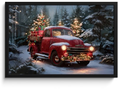 Poster in lijst - Fotolijst 60x40 cm - Posters - Kersttruck - Sneeuwbos - Rood - Posterlijst zwart - Decoratie - Wanddecoratie woonkamer - Muurdecoratie slaapkamer - Kerstversiering - Kerstdecoratie voor binnen - Kerstmis